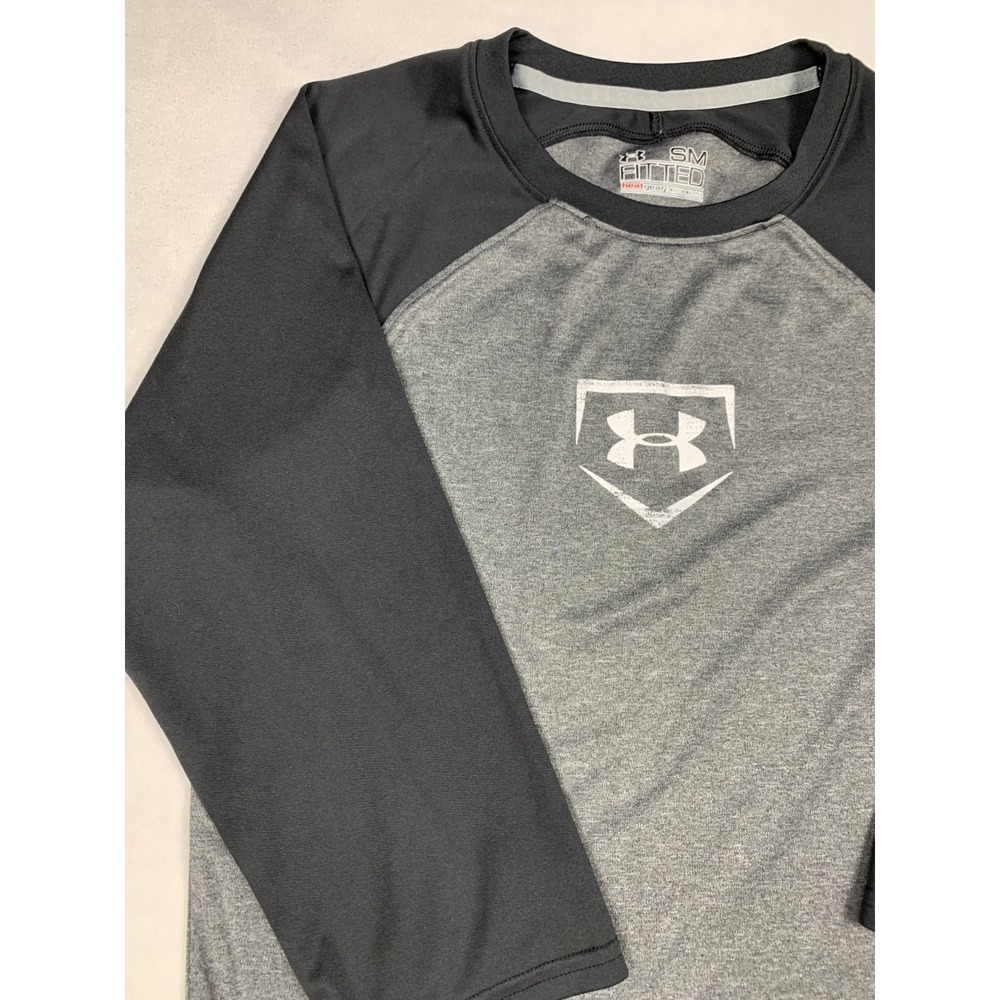 Under Armour Shirt Mens S Gray Black HeatGear Fitted 3/4 Sleeve Baseball